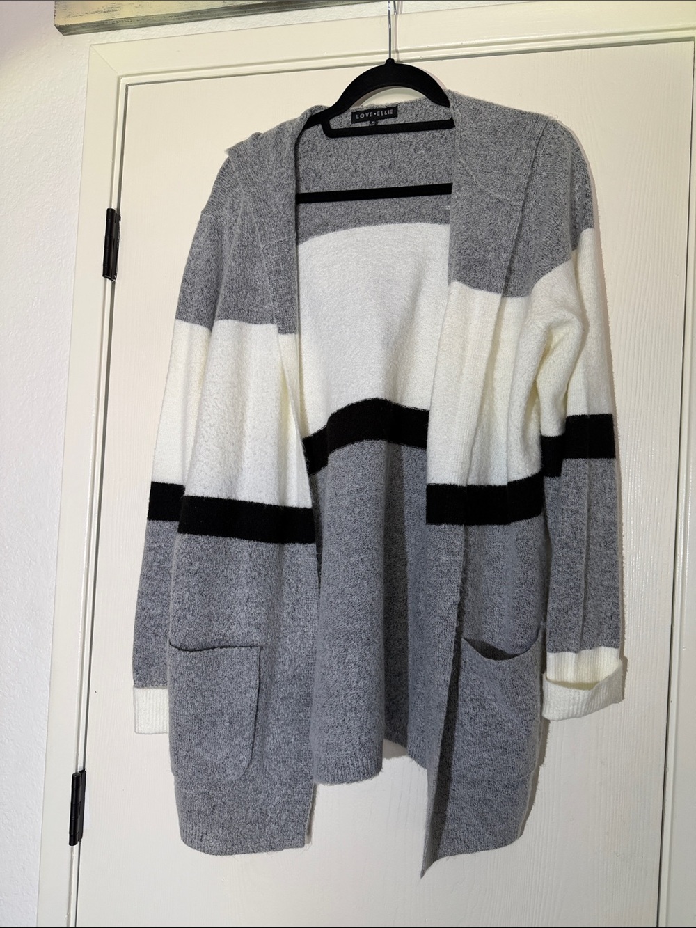 Love + Elle Gray, White & Black Striped Open Cardigan